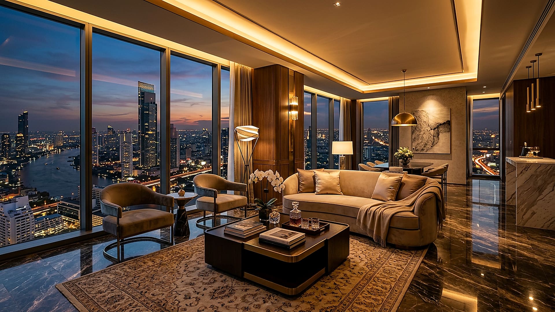 Ultra-luxury high-floor Bangkok condominium living room with skyline view.