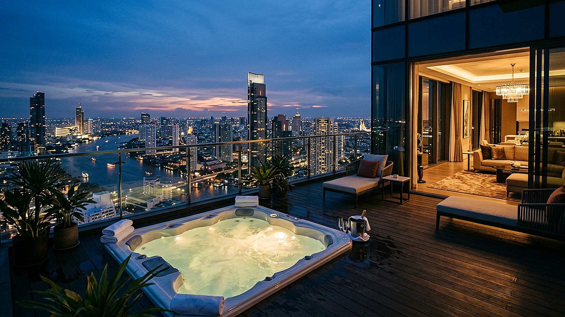 Bangkok penthouse suite at twilight with private jacuzzi and skyline view.