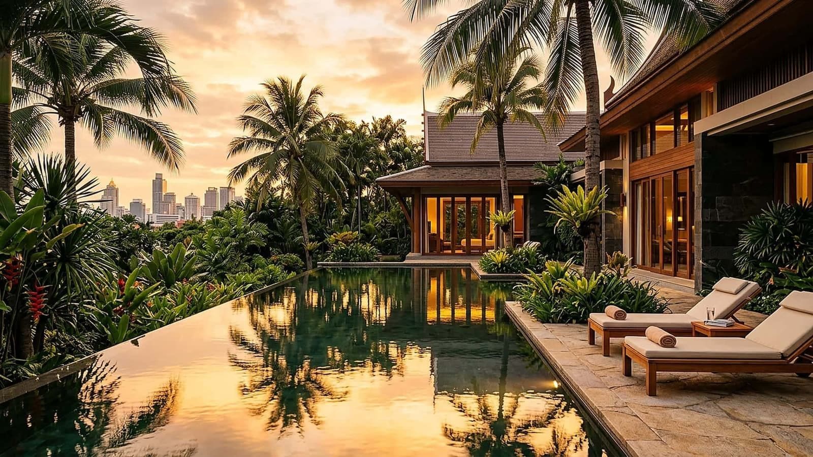 Private pool villa at golden hour with infinity pool and tropical garden.