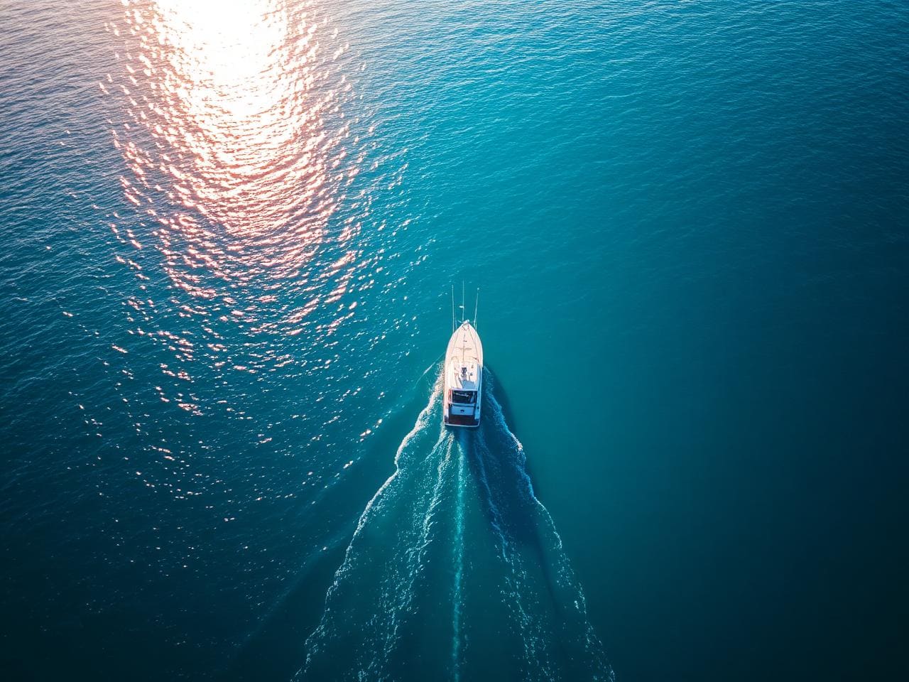 Overhead drone shot of a single eFoil rider carving a perfect arc through turquoise water leaving a clean spiral wake, bird’s-eye perspective, abstract minimalist composition, midday tropical light.