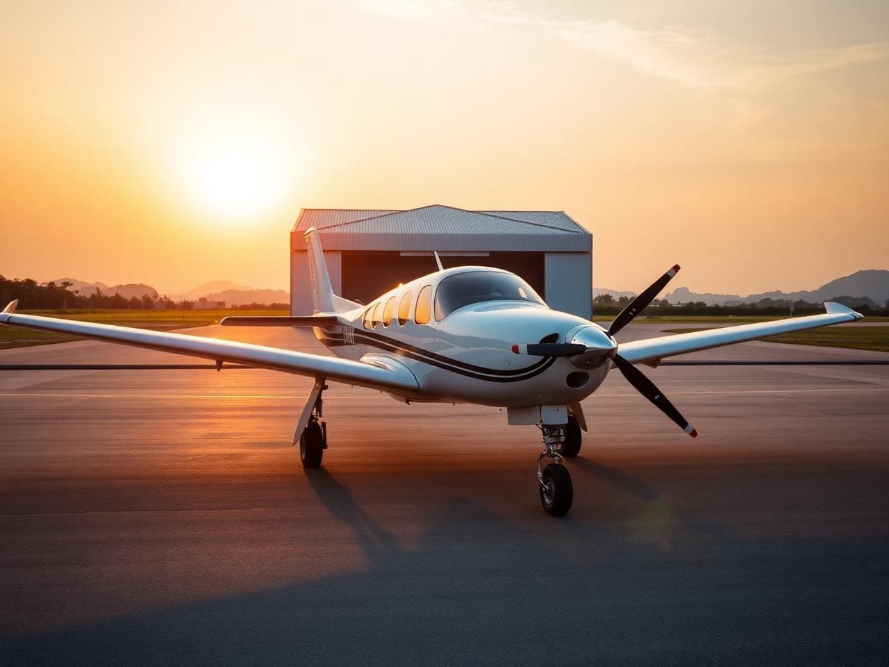 Sleek white Cessna Caravan turboprop skydive aircraft parked on a private airfield apron at golden hour in coastal Thailand, hangar in background.