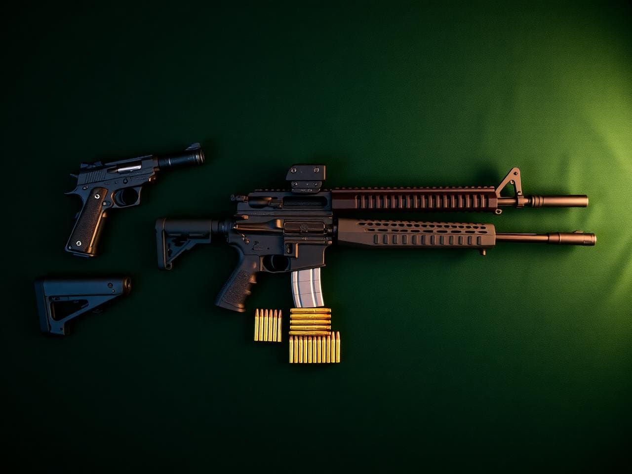 Flat-lay overhead shot on dark green felt of a custom 1911 pistol, an AR-15 carbine and a Beretta over-under shotgun arranged in parallel with stacks of brass ammunition between them, single warm spotlight.