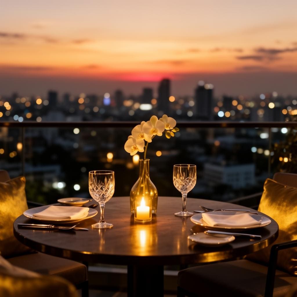 Candlelit private rooftop dining table for two with crystal glasses and an orchid centerpiece.