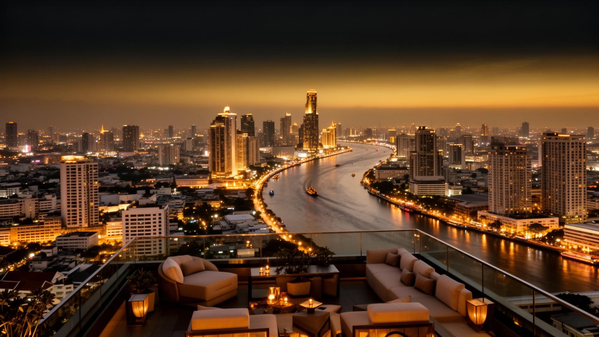 Bangkok skyline at dusk, viewed from a private rooftop terrace above the Chao Phraya river.