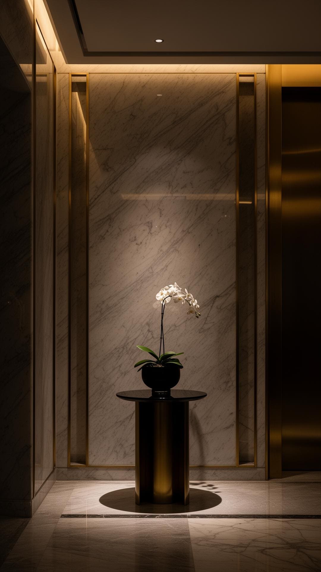 Marble lobby with brass detailing and a single white orchid in a black vessel.