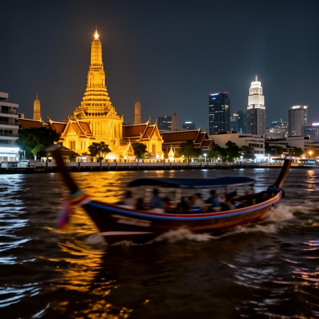 The spires of Wat Arun glowing warm gold against a deep cobalt twilight sky, framed from the polished teak deck of a long-tail boat on the Chao Phraya.