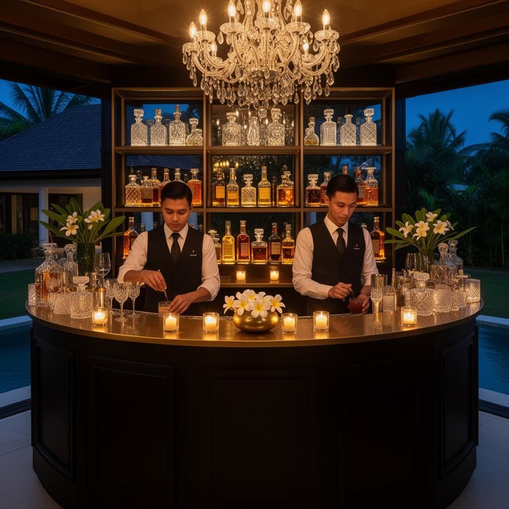 Two bartenders in matching dark vests behind a fully built mobile cocktail bar inside a Phuket private villa at dusk, backlit shelves of crystal decanters and amber spirits, candles on the bar top.
