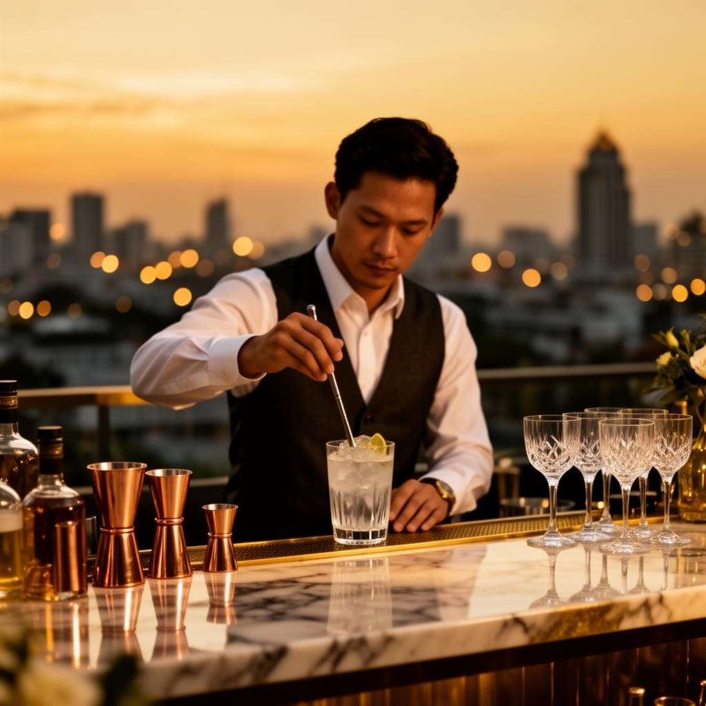 A hotel-trained mixologist in a crisp white shirt and dark vest stirring a cocktail behind a polished marble private bar at a Bangkok rooftop event at golden hour, copper jiggers and crystal stemware in foreground.