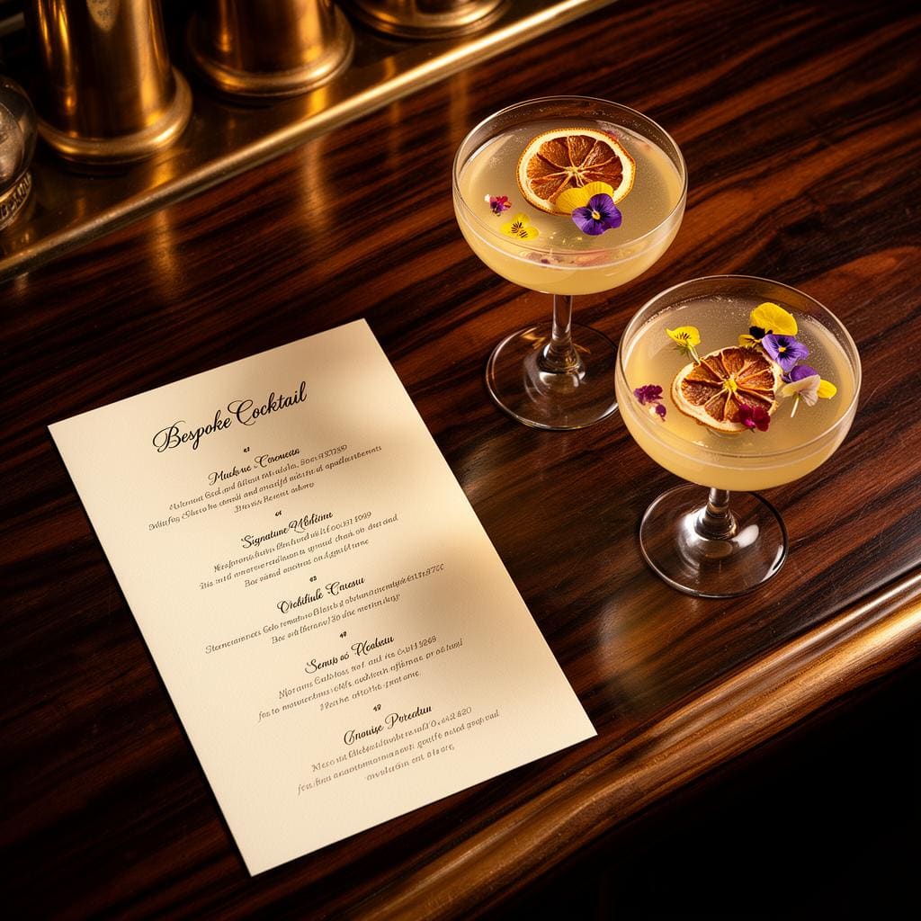 Overhead shot of a custom cocktail menu printed on cream cardstock beside two coupe cocktails garnished with dehydrated citrus and edible flowers.