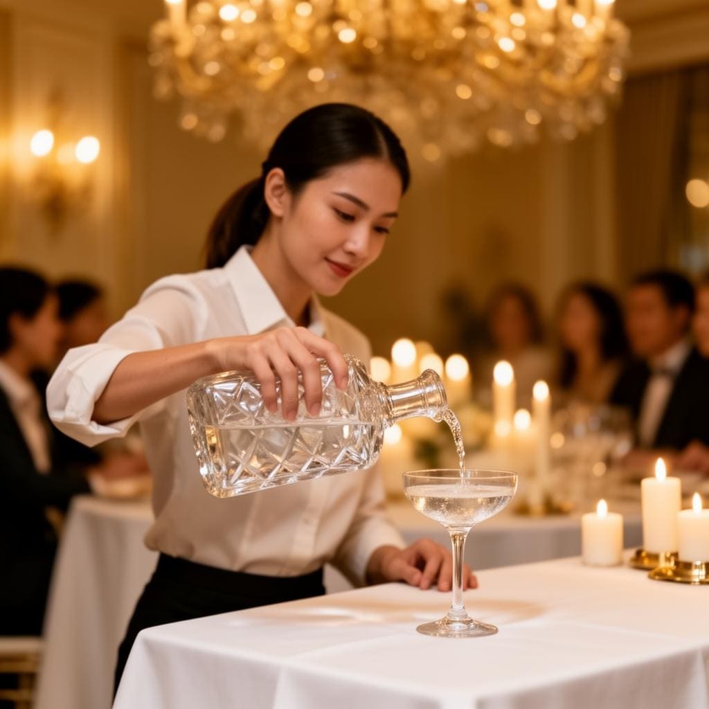 Female bartender pouring a clear spirit from a crystal decanter into a stemmed coupe at a private dinner party, candles and guests blurred behind.