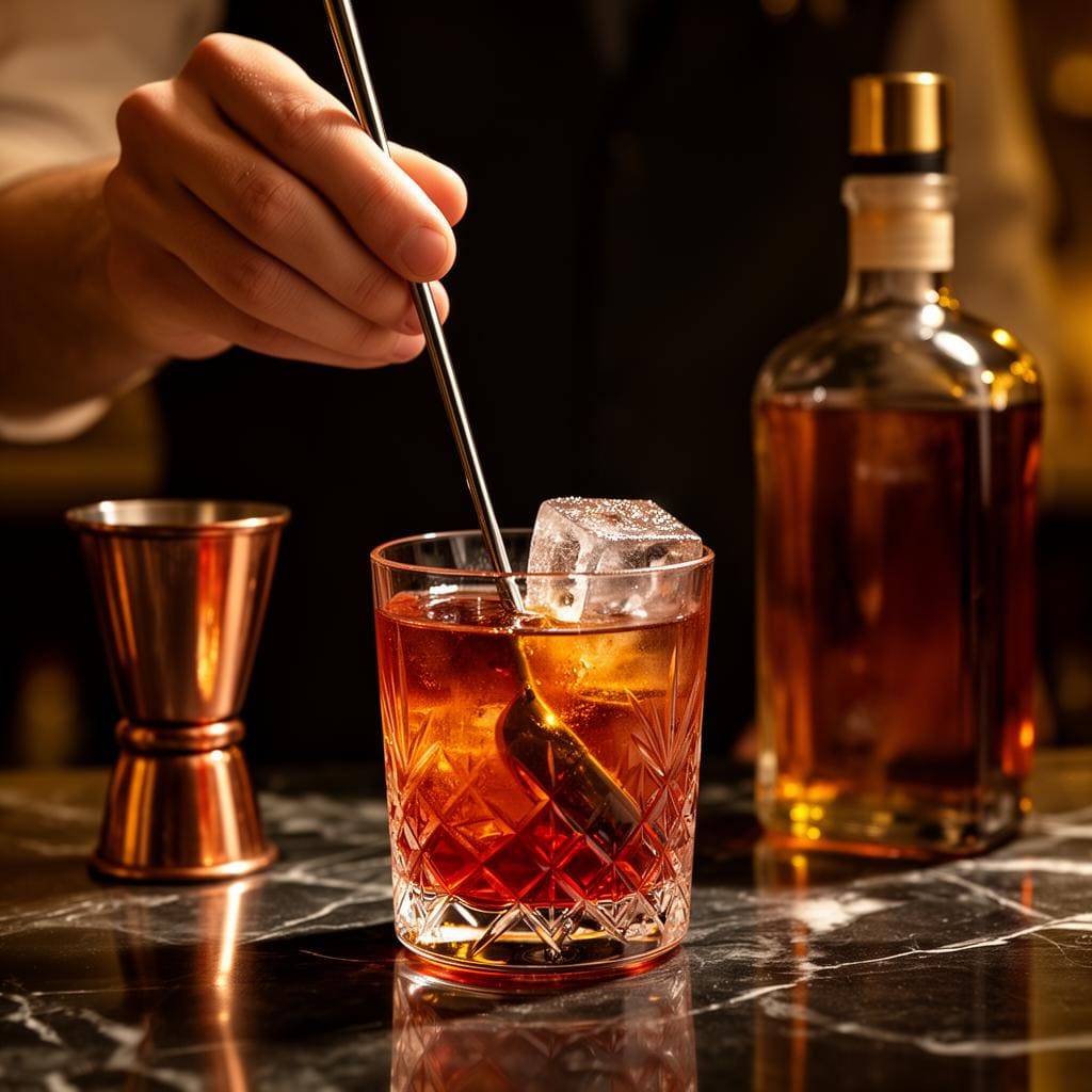 Close-up of a bartender's hands stirring a Negroni in a crystal mixing glass with a long bar spoon, copper jigger and amber bottle in soft focus.