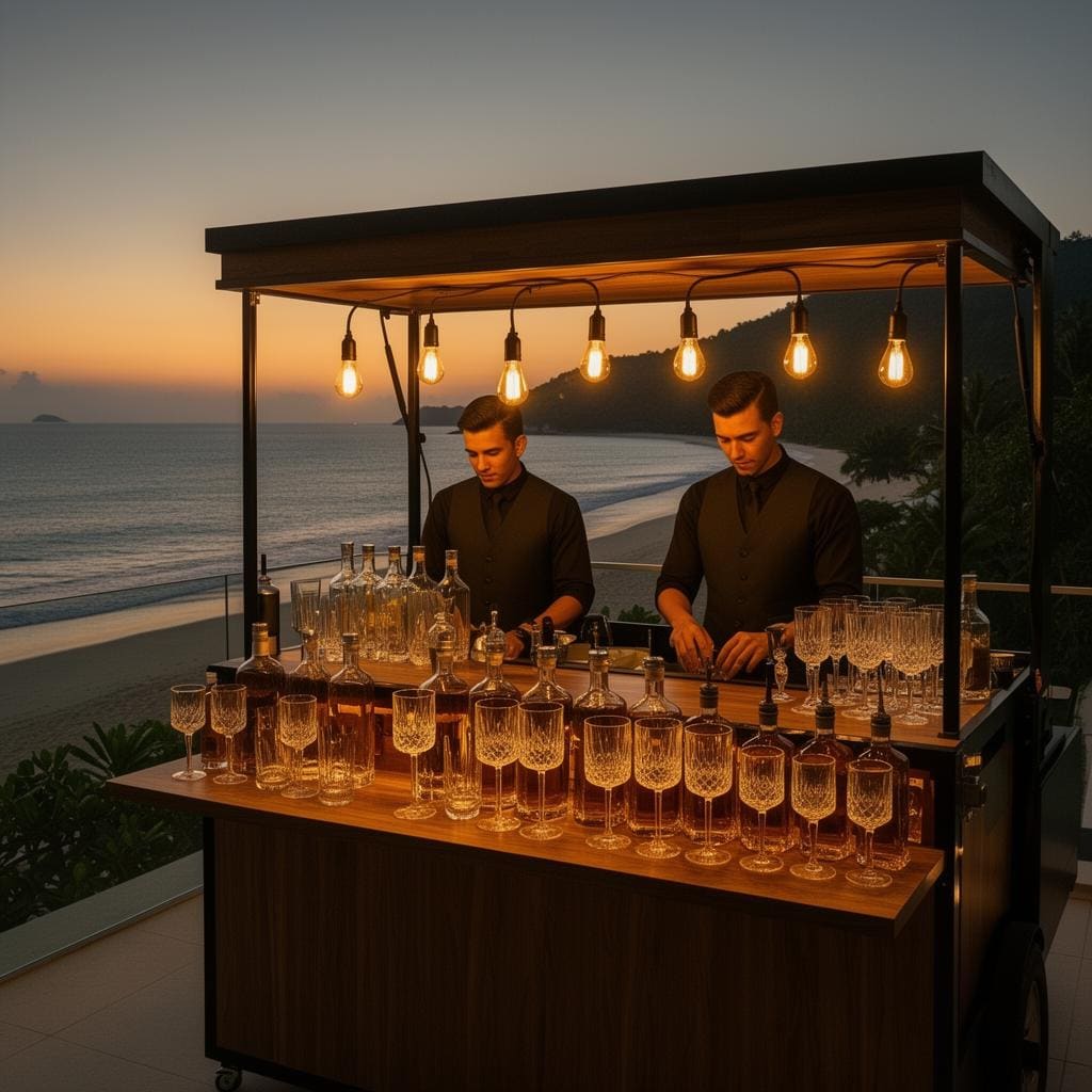 Pop-up mobile bar setup on a Phuket beachfront villa terrace at dusk, two bartenders in dark vests prepping behind a teak bar lit by warm Edison bulbs, Andaman horizon glowing behind.