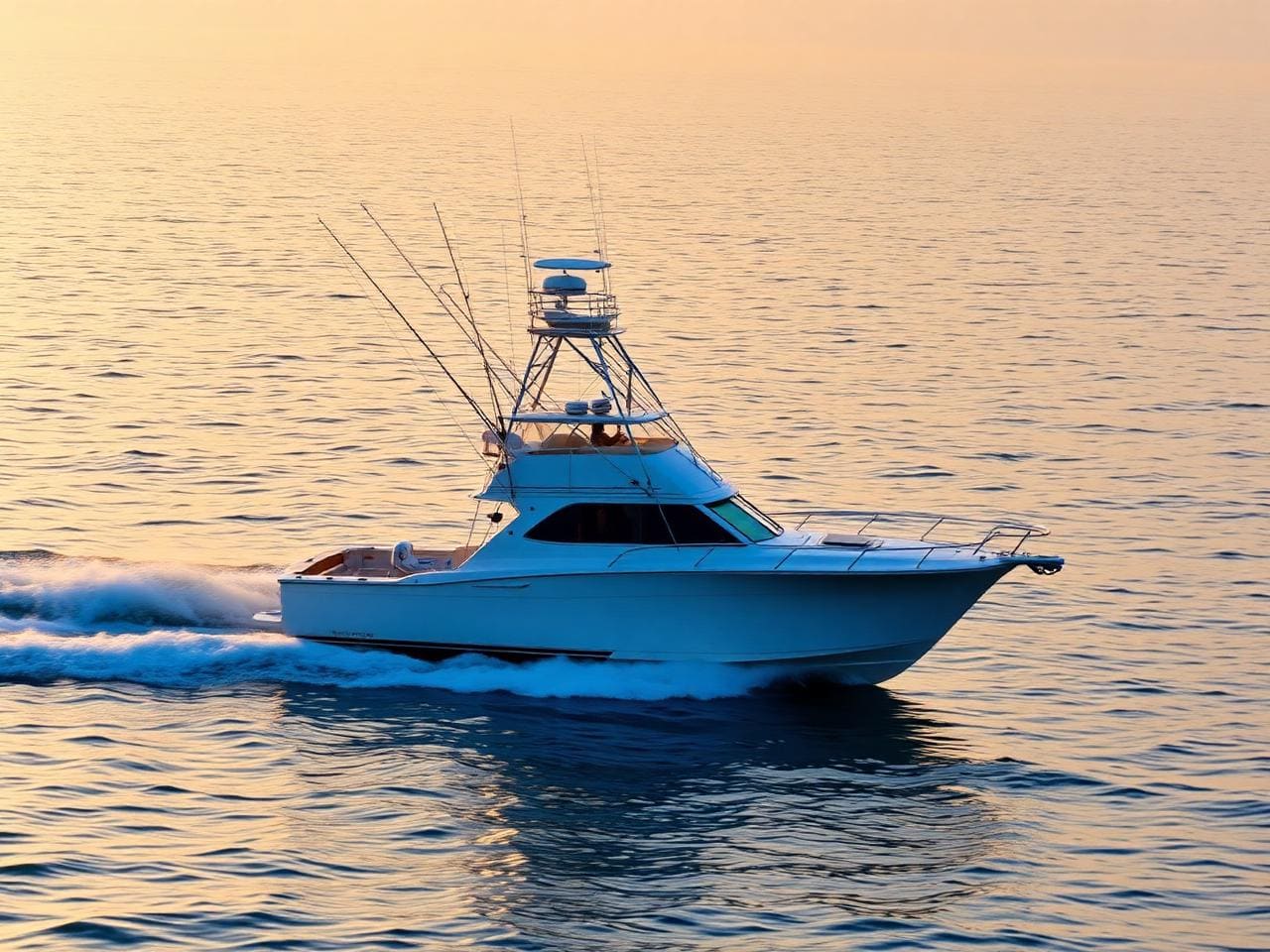 A 50-foot Bertram convertible sport-fishing yacht with tuna tower running fast across a calm dawn Andaman Sea off Phuket, outriggers extended, golden sunrise light catching the spray.