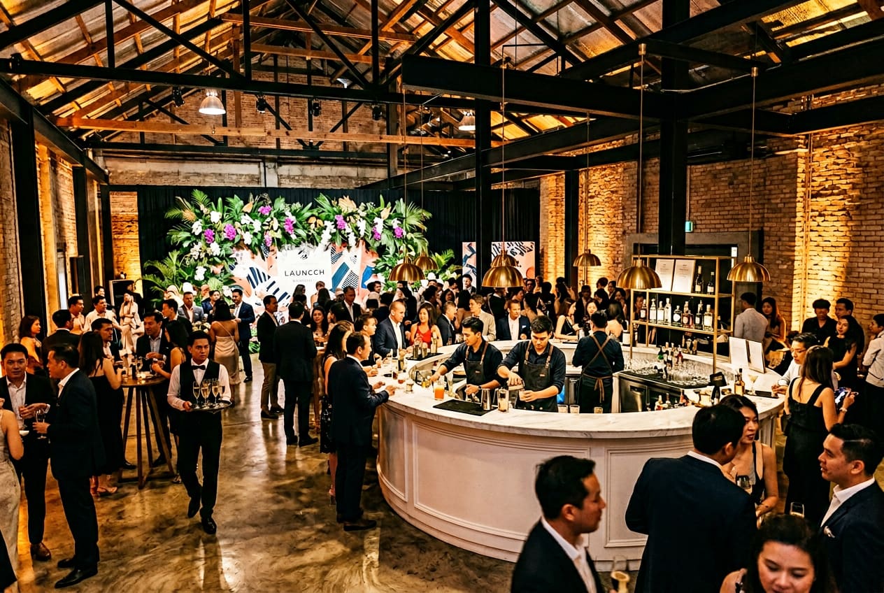 Wide interior view of a Bangkok brand-launch evening in a converted warehouse loft — curved white-lacquer bar, brass pendants, dramatic floral installation, eighty guests in cocktail attire.