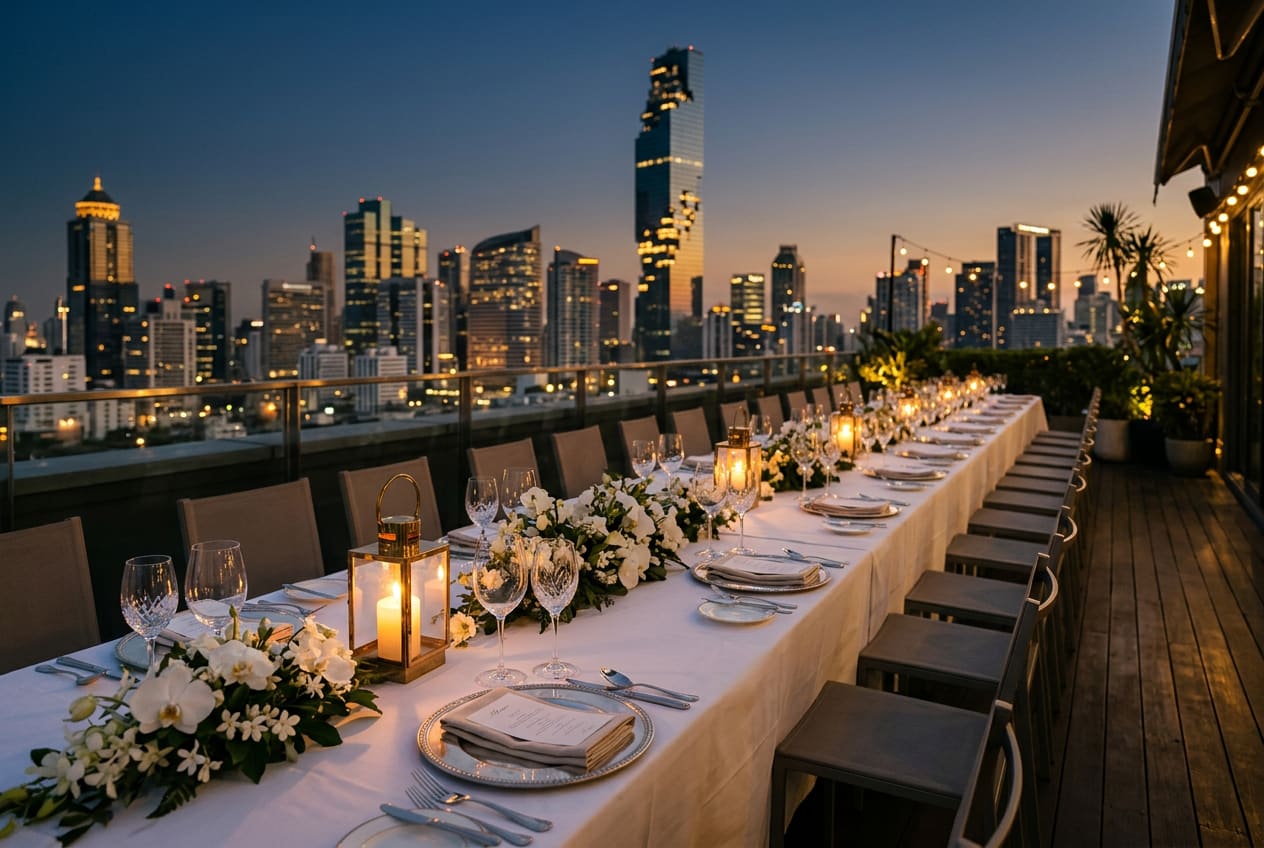 A long banquet table set for 24 on a private Bangkok rooftop at golden hour, brass lanterns lit, white orchids running the centre, the Mahanakhon skyline glowing behind.