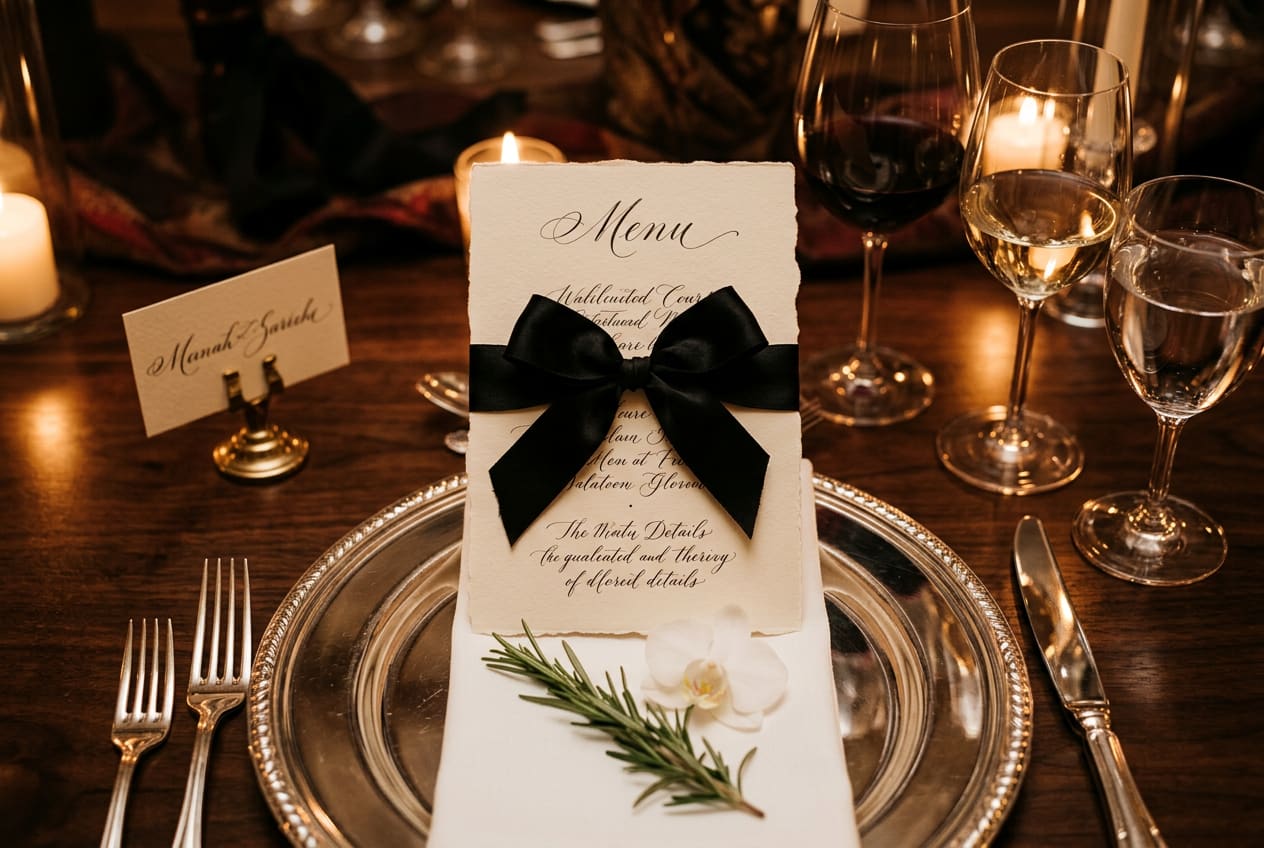 Overhead detail of a single luxury place setting — calligraphed menu card on cream cardstock with black silk ribbon, polished silver charger, white napkin, sprig of rosemary, white orchid.