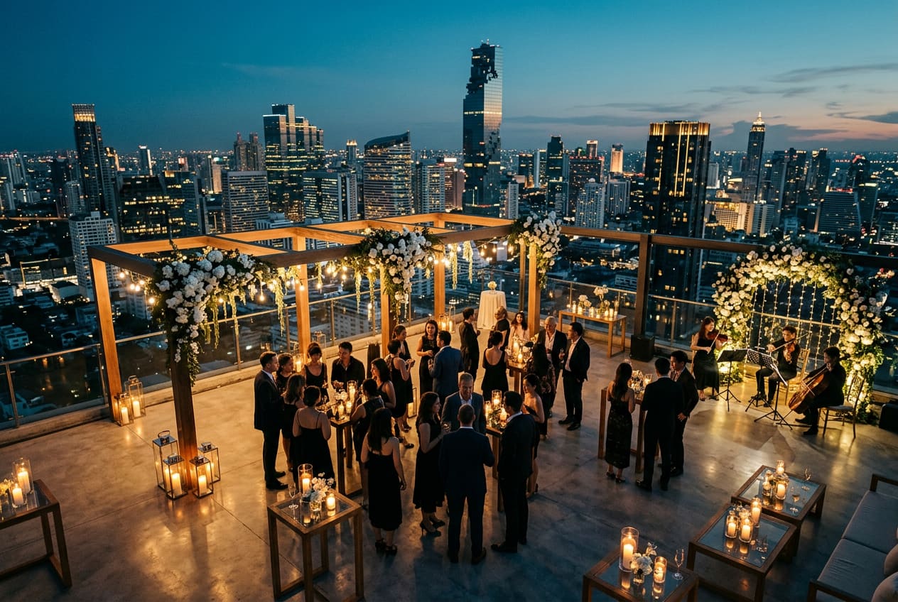 Aerial view of an intimate cocktail reception on a private Bangkok rooftop at blue hour, candle-lit low tables, string lights, a string trio, the Mahanakhon skyline behind.