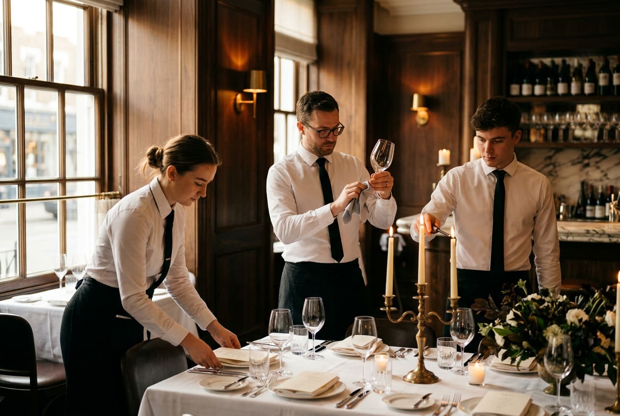 Three private event staff in pressed black uniforms preparing a private dining room — one places menu cards, one polishes a wine glass, one lights a tall taper candle.