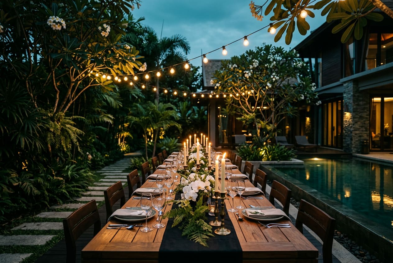 Private pool-villa dinner in Bangkok at twilight — long teak table for fourteen under canopy of globe lights, white orchids and ferns down the centre, the lit infinity pool reflecting candlelight.