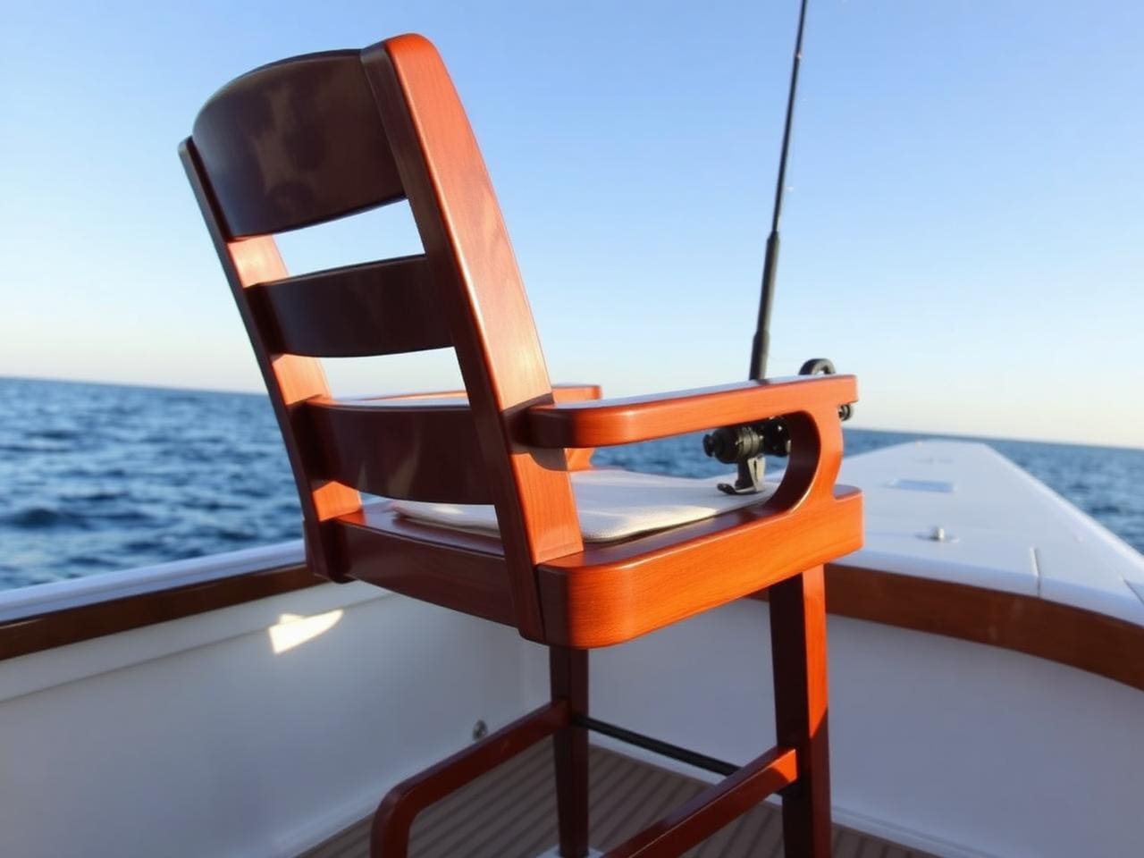 Polished teak fighting chair with custom rod-holder bolted to the cockpit deck of a sport-fishing yacht, rod and reel rigged ready, ocean stretching to horizon behind.