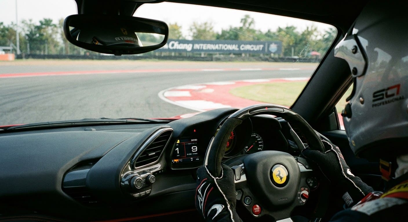 Driver-eye view from the cockpit of a Ferrari 488 GTB approaching turn one at Chang Circuit, pro coach in the passenger seat.