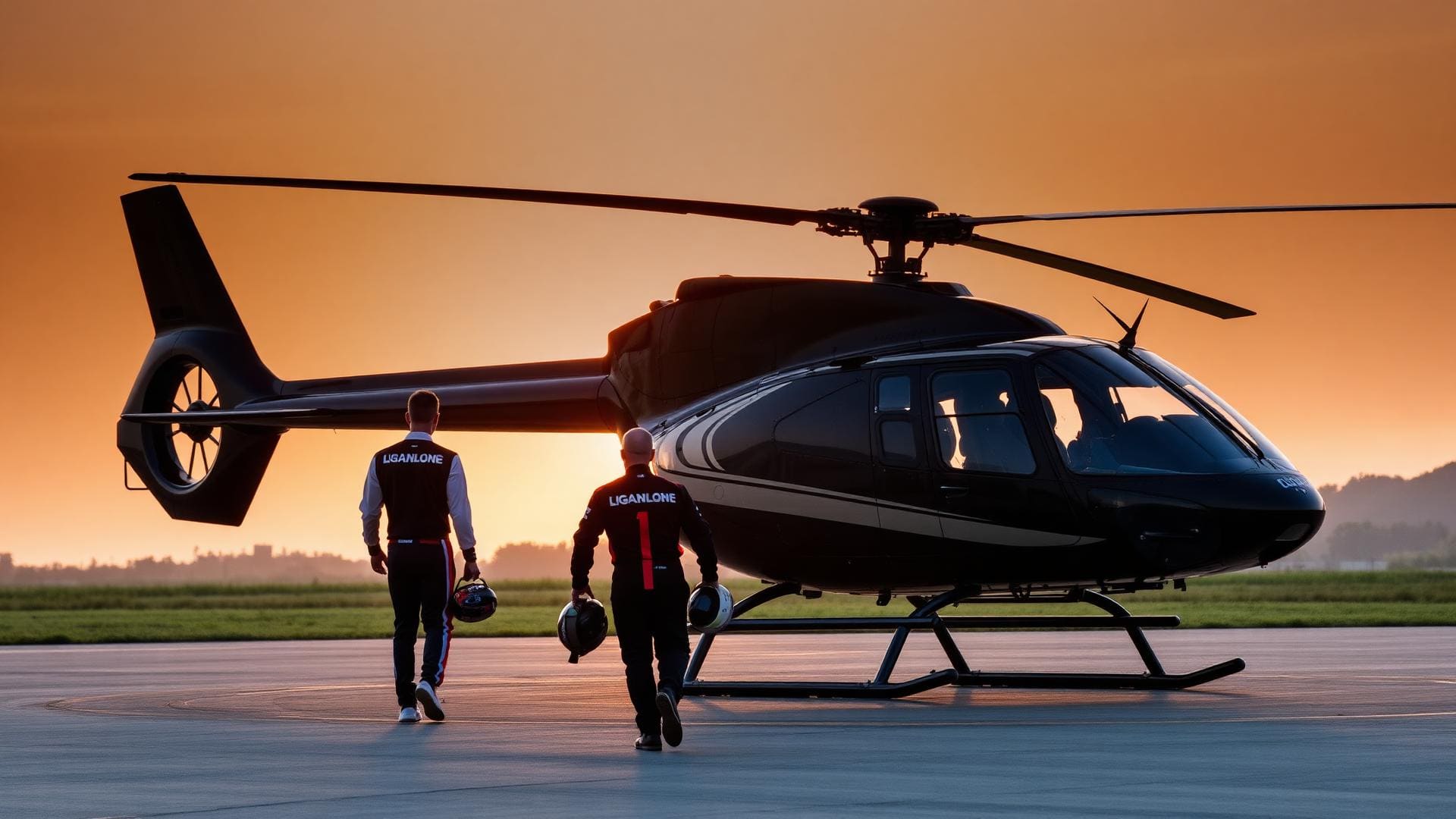 Black AgustaWestland helicopter on the helipad at Chang Circuit, two passengers boarding back-to-camera, sunset.
