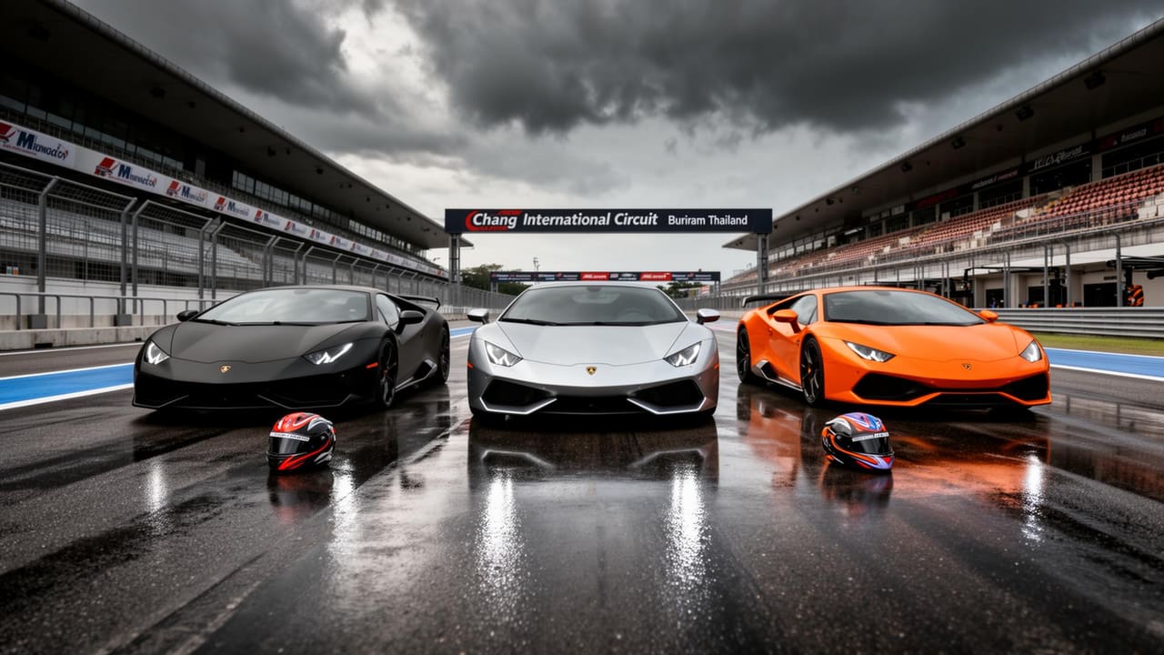 Lamborghini Huracán at full speed exiting the Chang International Circuit’s main hairpin in Buriram, motion blur, golden-hour light, no other cars on the racing line.