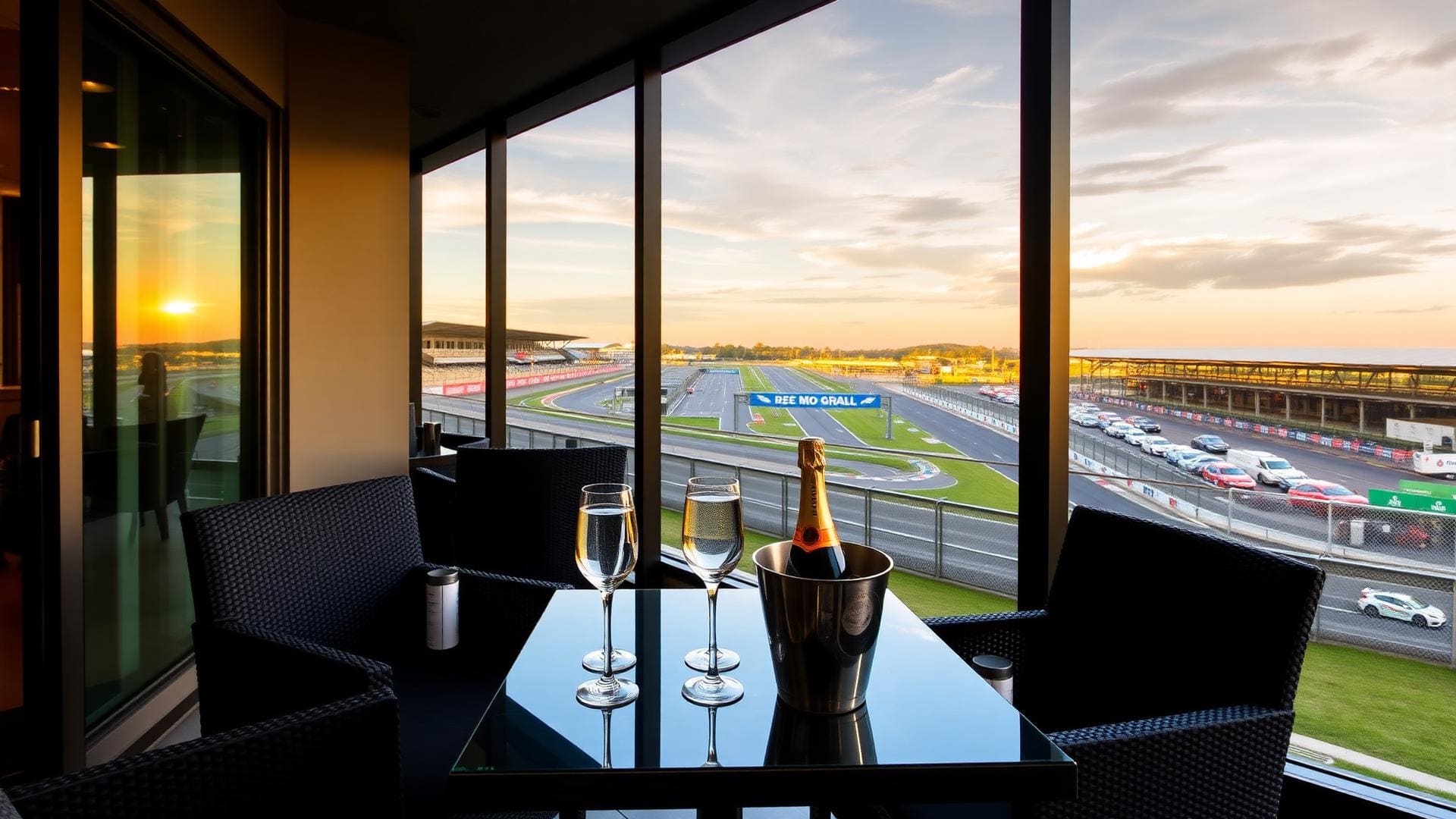Private VIP suite above the pit lane at Chang Circuit, lounge seating with a long marble bar, the track visible through floor-to-ceiling glass.