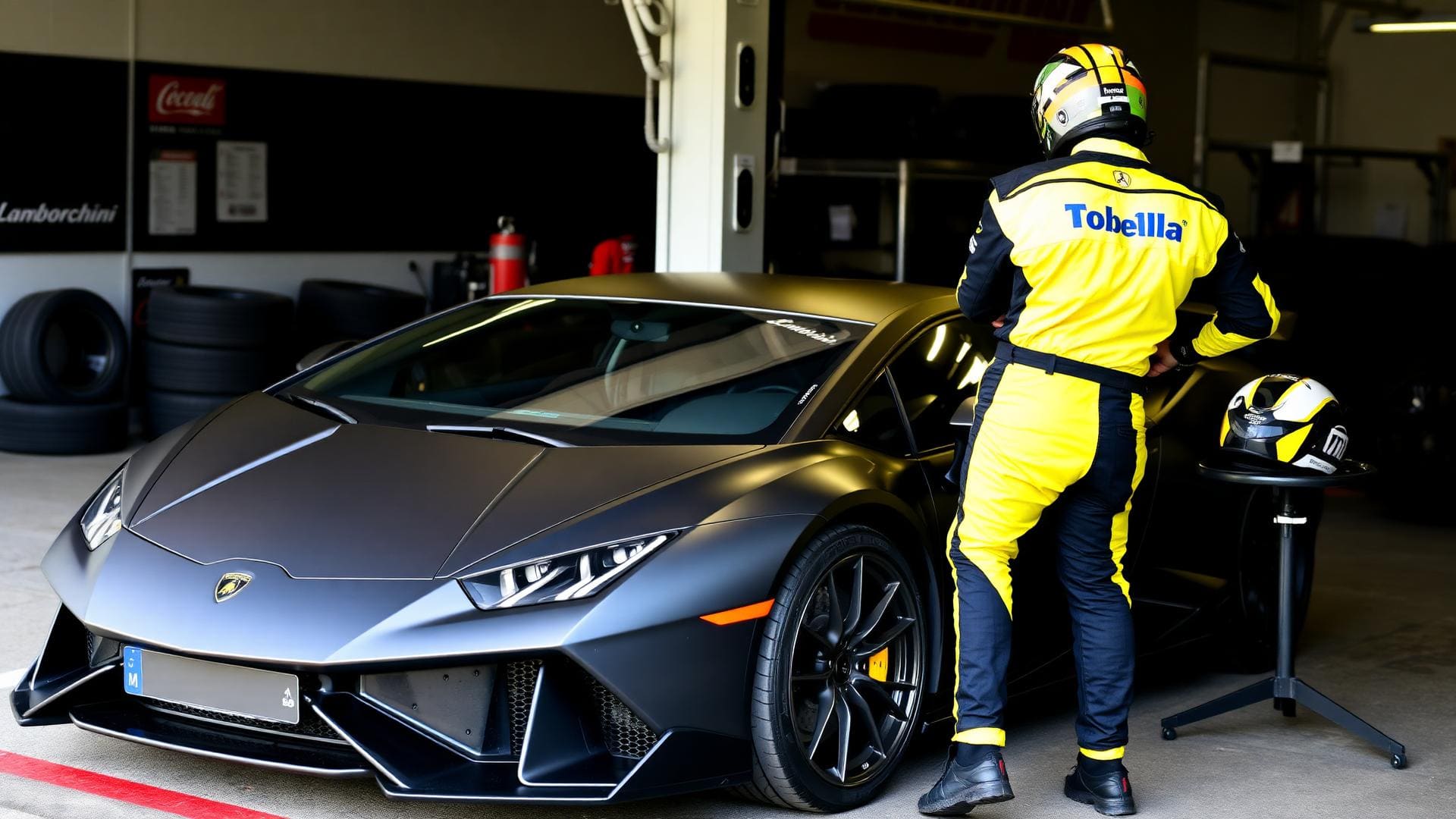 Pit lane line-up of three supercars — Lamborghini Huracán, Ferrari 488 GTB and Porsche 911 GT3 — pit crew in fire suits, no spectators.