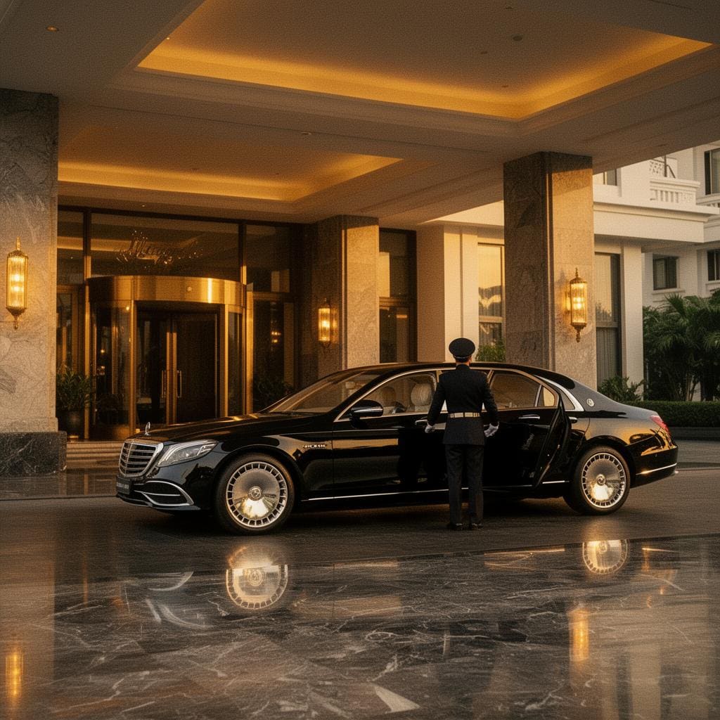 Wide profile of a black Mercedes-Maybach S-Class on a quiet Bangkok boulevard at golden hour.