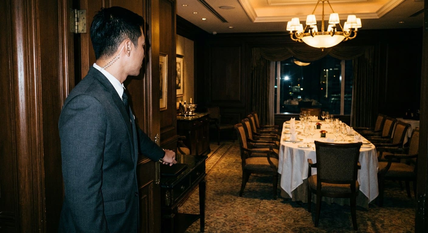 Advance officer checking a private dining room before the client arrives, white tablecloths and warm chandelier light.