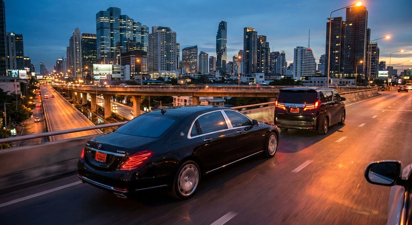 Two-vehicle protective convoy — Maybach client car with an unmarked Alphard escort directly behind, Bangkok skyline.