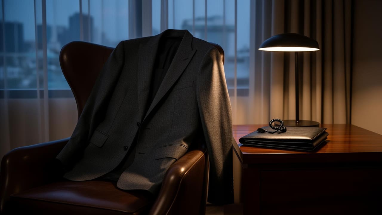 A close protection officer in dark suit and earpiece walking ahead of a client through a Bangkok hotel lobby at night, soft warm marble light.