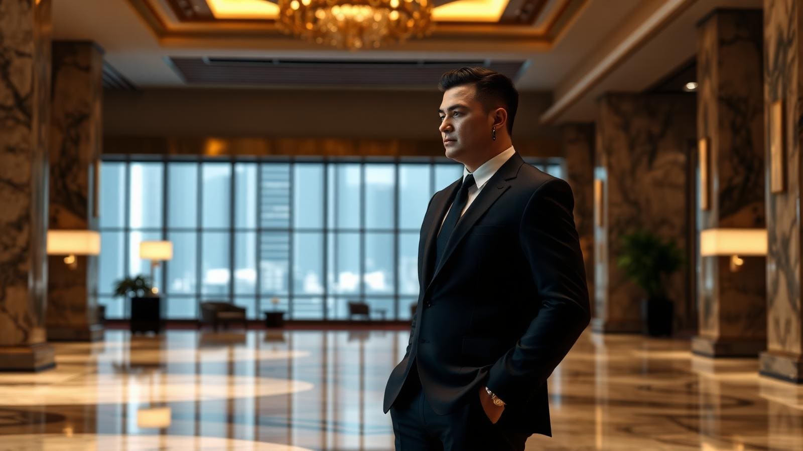Single CPO in dark business suit walking a quiet step behind a client on a Sukhumvit street, earpiece visible.