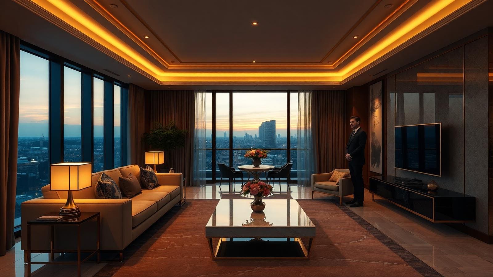 Hotel suite door corridor at night — single CPO in dark suit standing at quiet attention beside the door.
