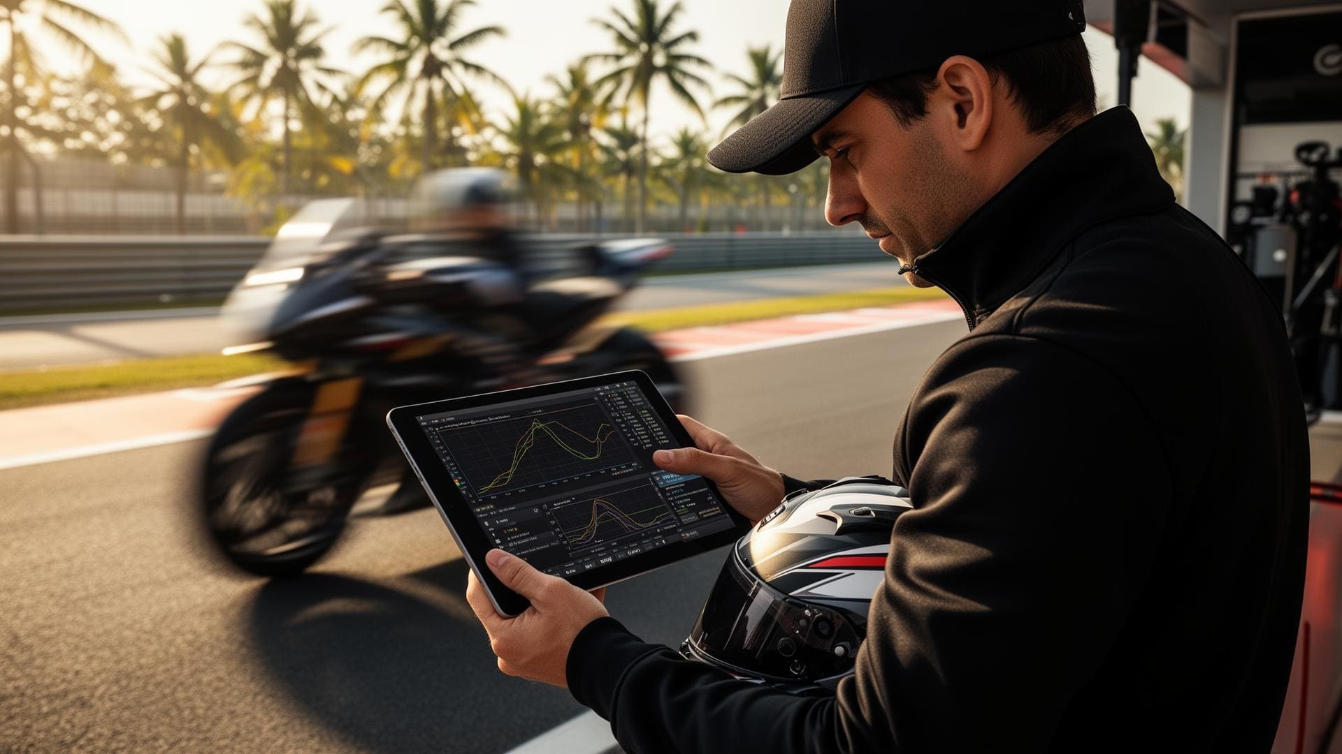 A professional racing coach in the Bira Circuit pit lane reviewing telemetry on a tablet, helmet under arm, motion-blurred superbike going past in background.
