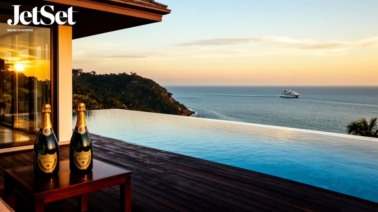 Cliff-top sea-view villa in Phuket overlooking the Andaman Sea at sunset, infinity pool merging with the horizon, two chilled bottles of Dom Pérignon on a side table, no people.