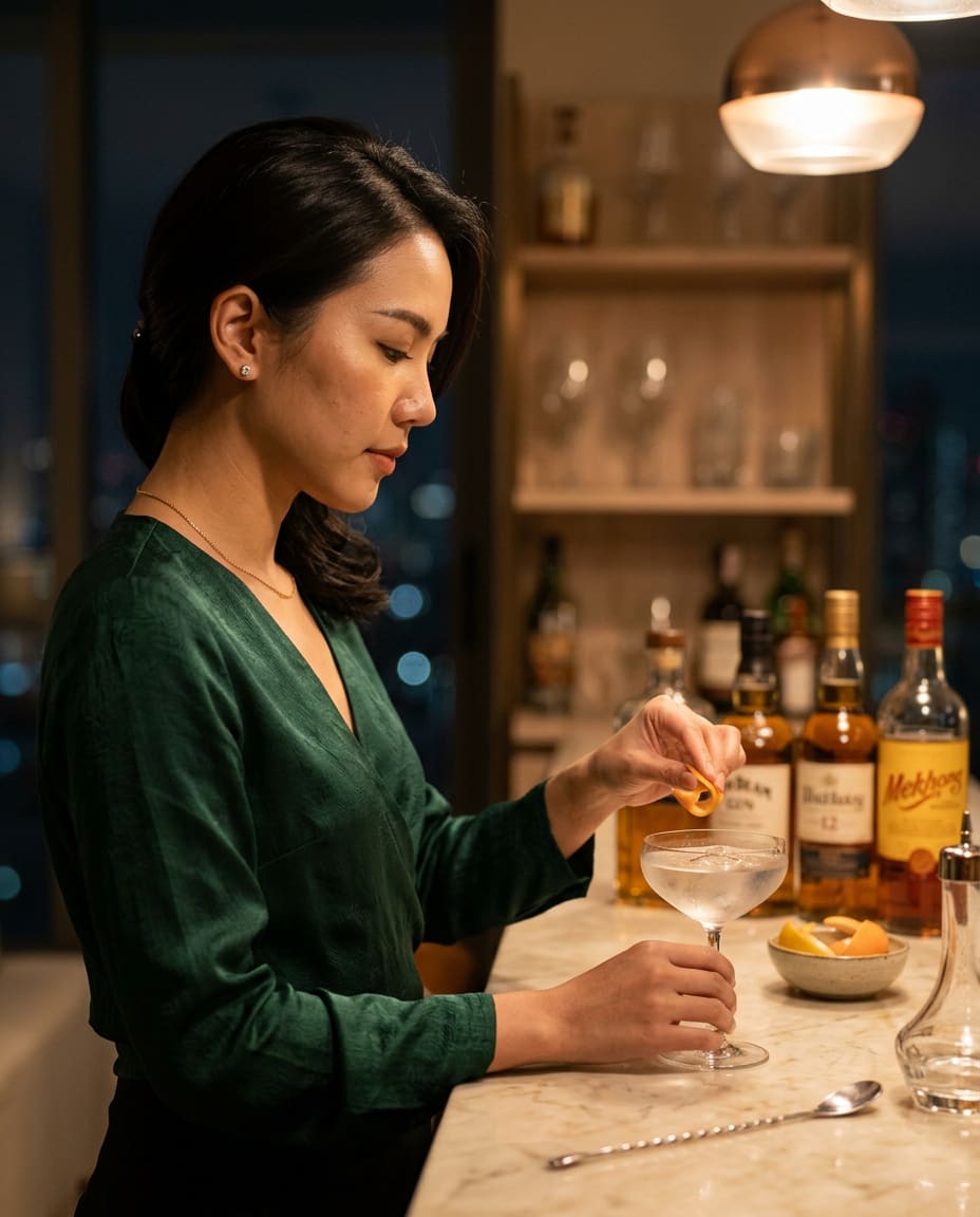 Friend in profile garnishing a drink at a marble bar