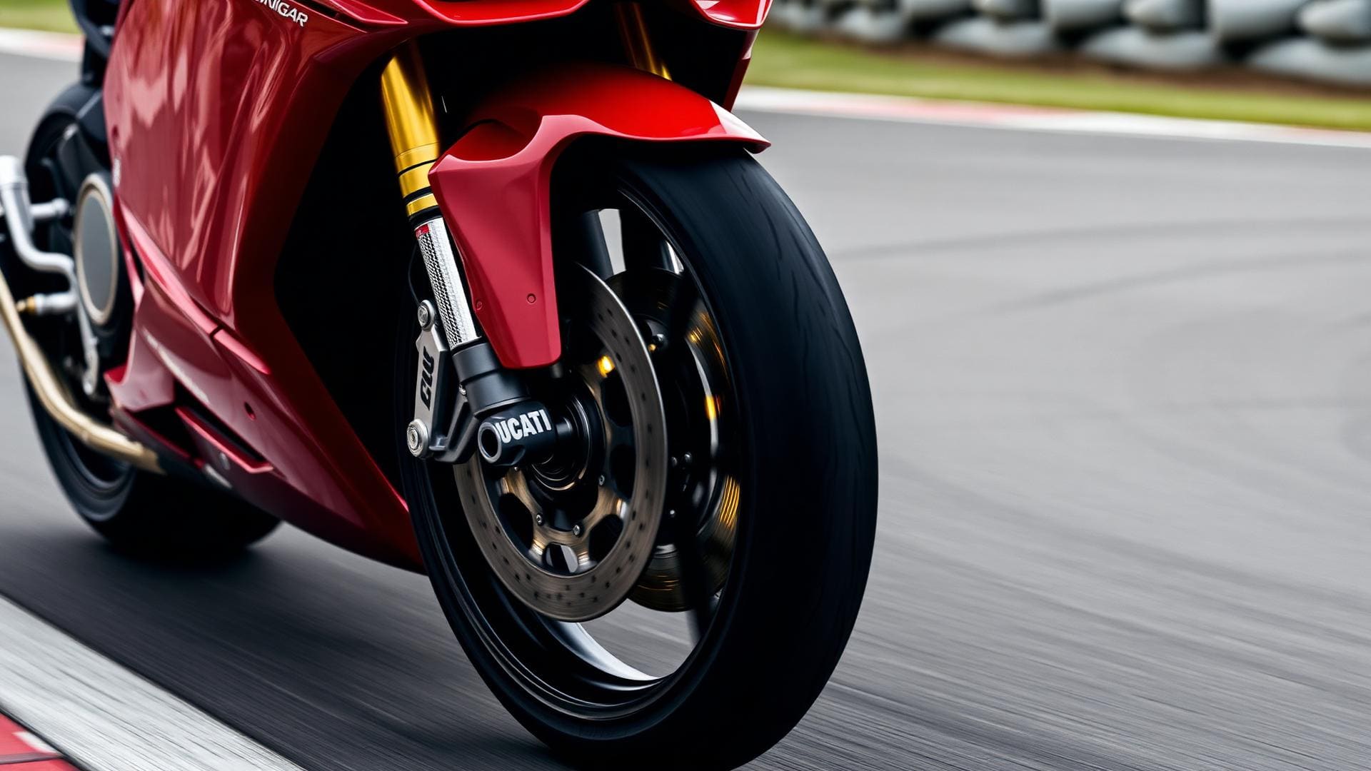 Close-up of a red Ducati Panigale V4 front wheel and forks, brake disc glowing slightly from heat, leaned in a corner at Bira Circuit, motion blur on tarmac.