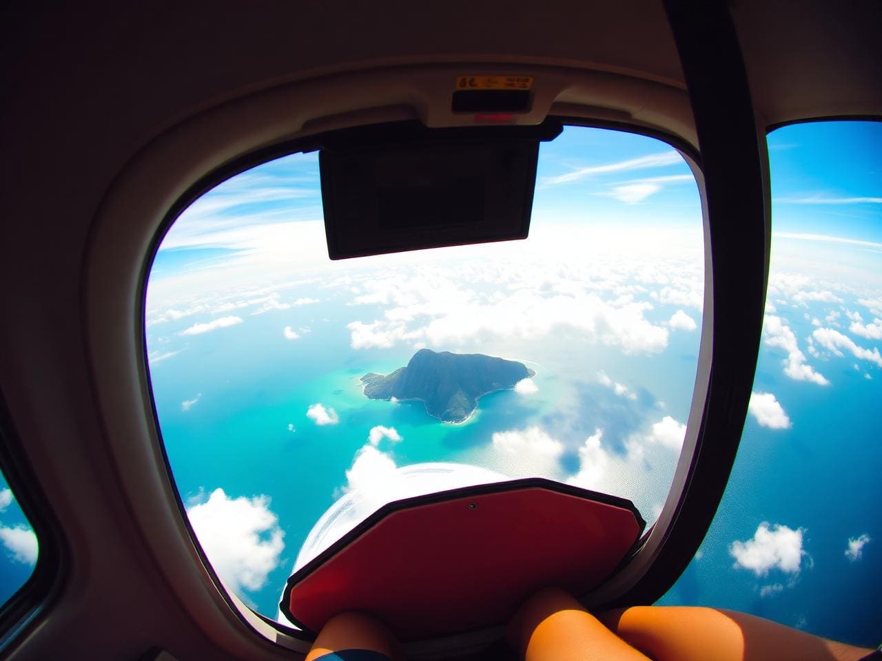 First-person view from inside a Cessna Caravan jump door at 14,000 feet over the Pattaya coast — turquoise sea, headland and clouds far below, golden hour.