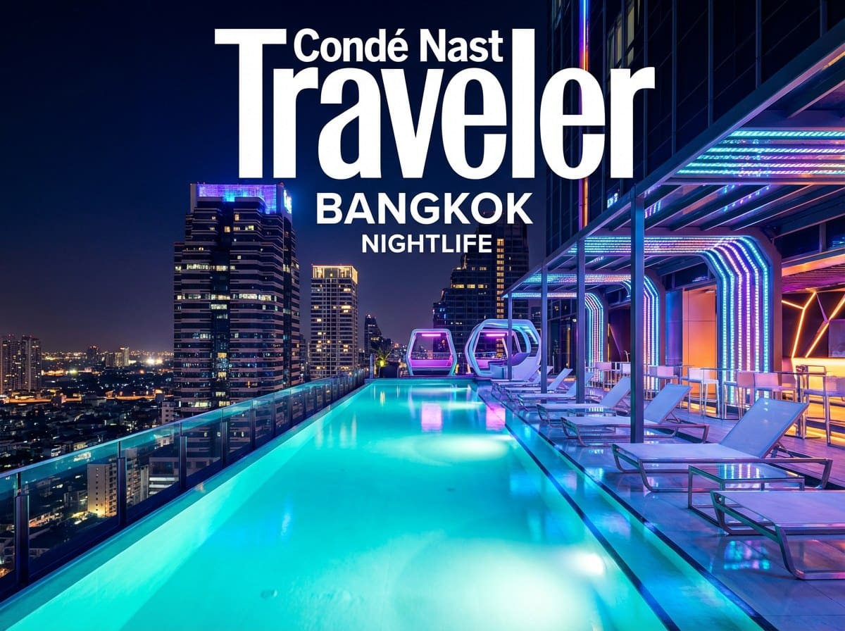Glamorous rooftop pool club at night: cobalt infinity pool, illuminated DJ booth, Bangkok skyline behind