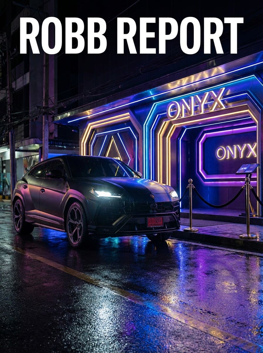 Black Lamborghini Urus pulling up under the neon-lit entrance arch of a Bangkok nightclub