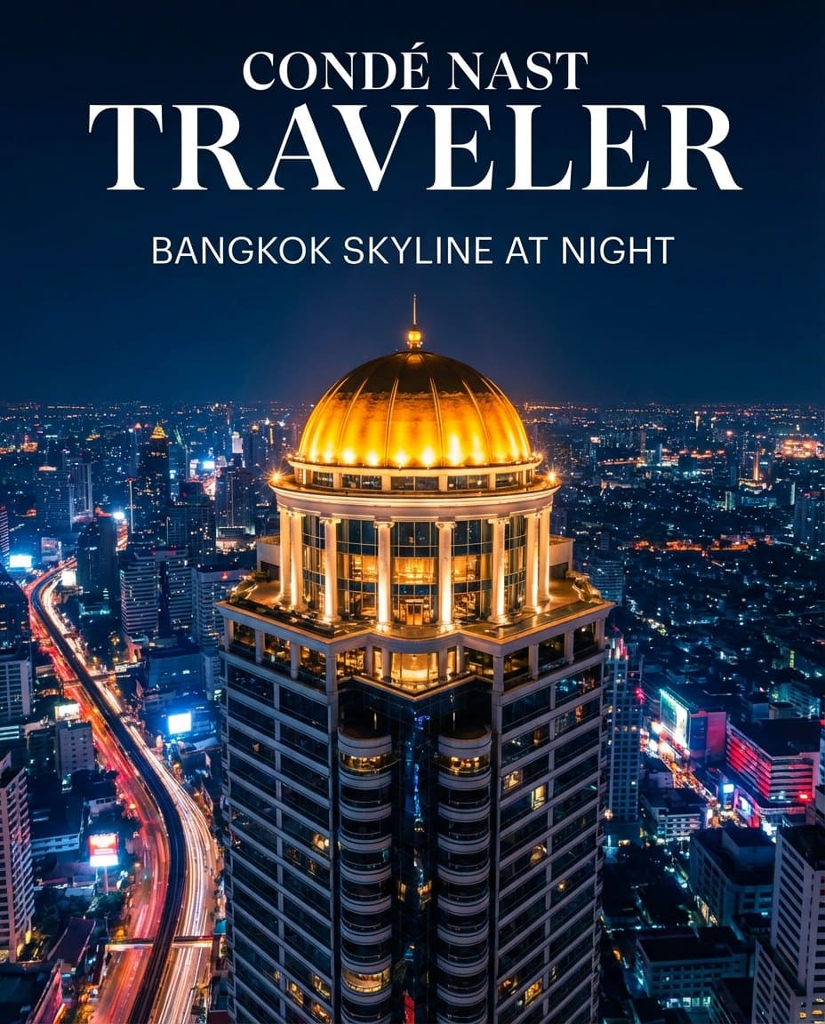 Iconic illuminated golden dome of the Lebua skybar glowing high above the city at night