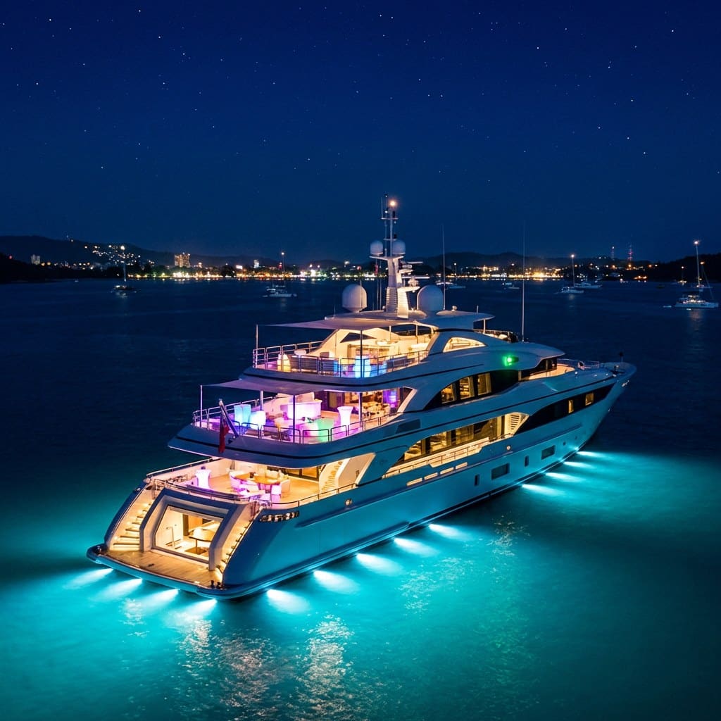 Megayacht fully illuminated at anchor in dark tropical water, every deck glowing