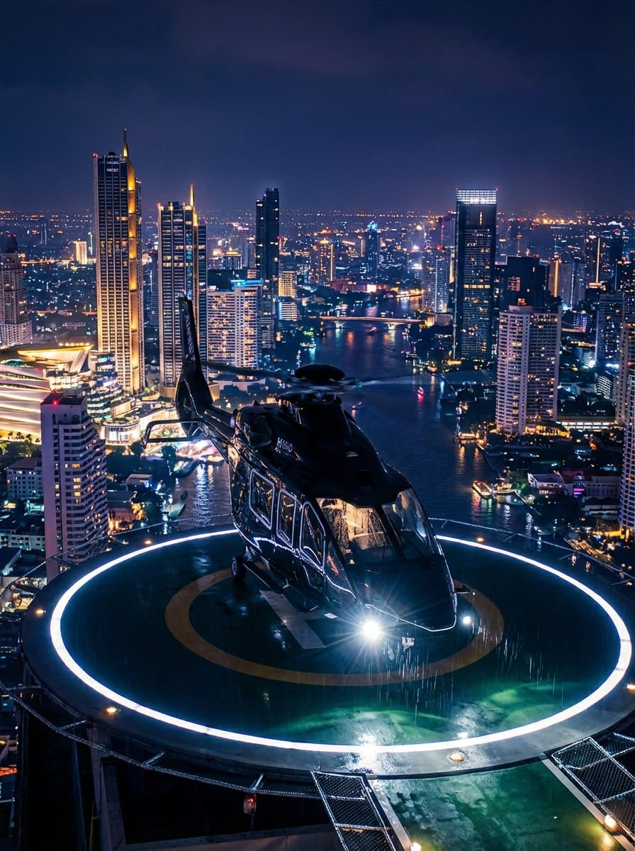 Sleek private helicopter touching down on a rooftop helipad against an electric Bangkok skyline at night