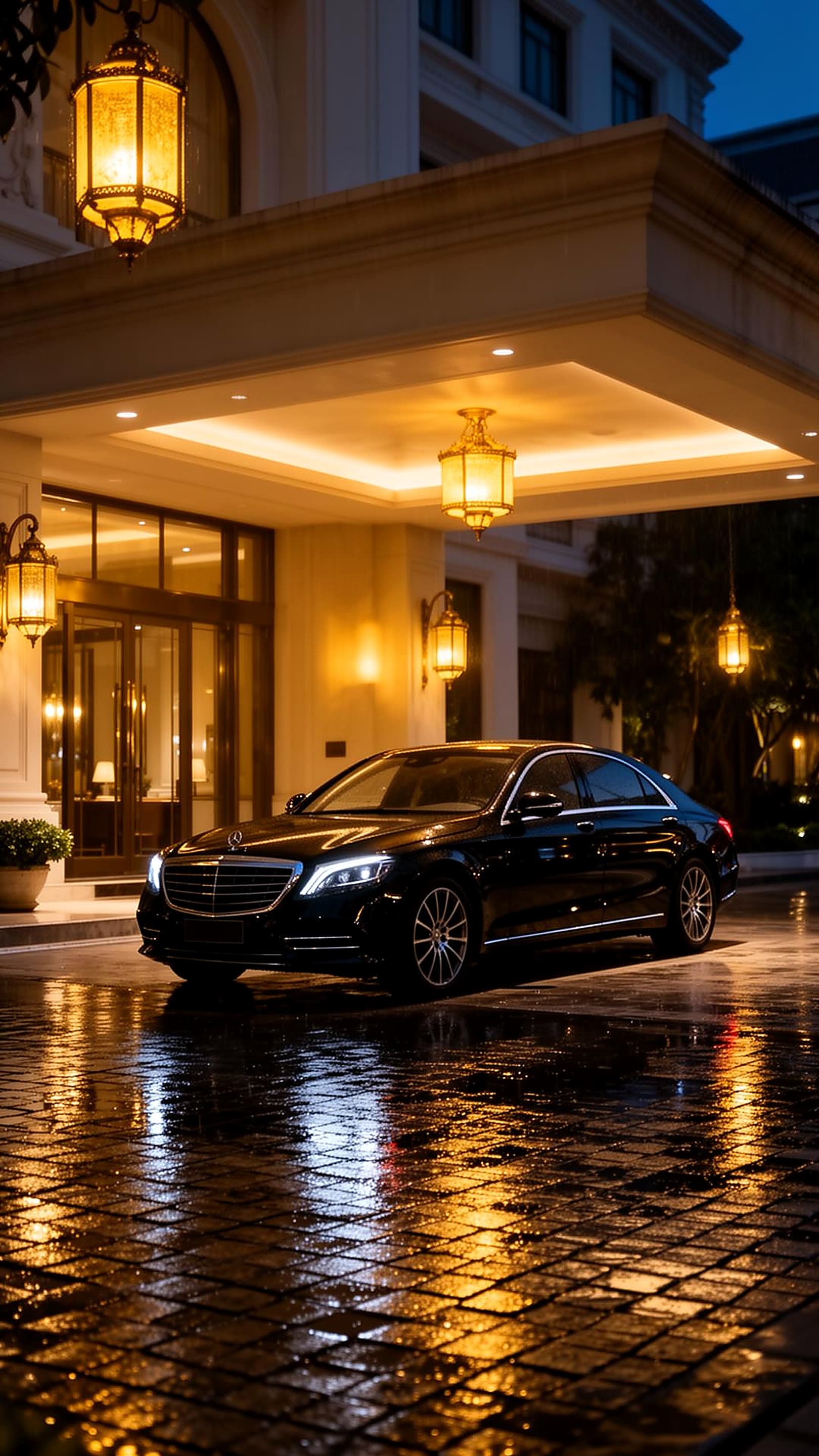 Polished black supercar at the porte-cochère of a luxury Bangkok hotel under warm lighting after rain
