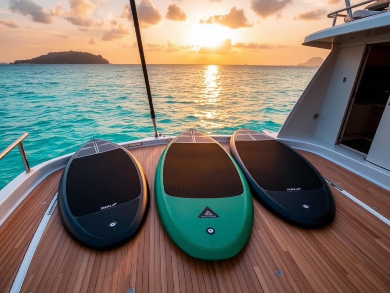 Three Lift carbon-fibre eFoil boards laid out neatly on the polished teak swim platform of a luxury tender, masts and propellers visible, turquoise tropical water and a Phuket island in the background, golden hour.