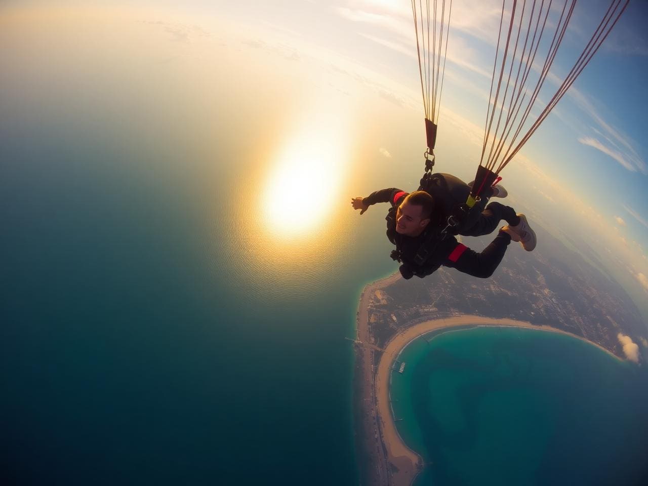 Aerial photo of a tandem skydive in stable belly-to-earth freefall high above the Pattaya coast, two figures in black flight suits, turquoise ocean and beach far below at golden hour.