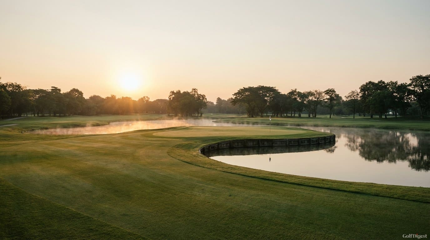 Editorial photograph of the famous par-3 island green at golden hour, water hazard fronting the green, manicured fairway leading the eye, mist rising off the lake — Alpine Golf Club Bangkok.