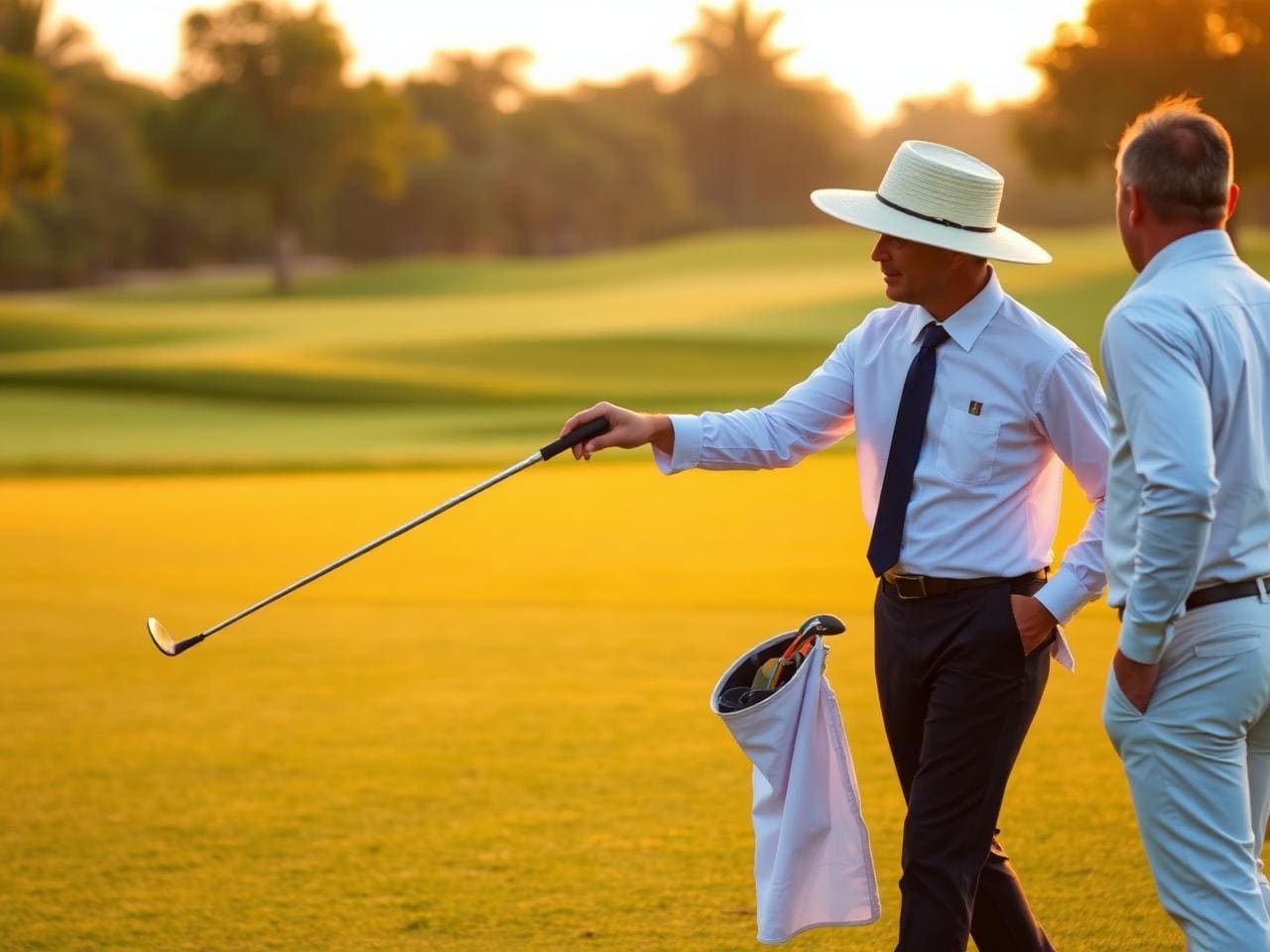 Set of professional golf clubs in a leather staff bag laid against an Alphard side door, wrapped chilled towels and water bottles beside, no people.